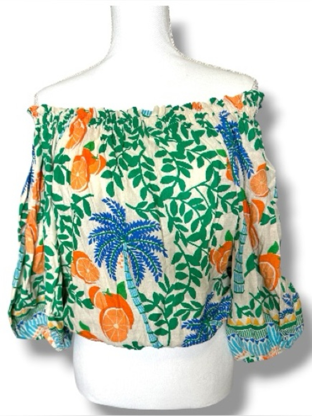 C&C California Tropical Citrus Palm Print Off Shoulder Top Size M Linen Blend
